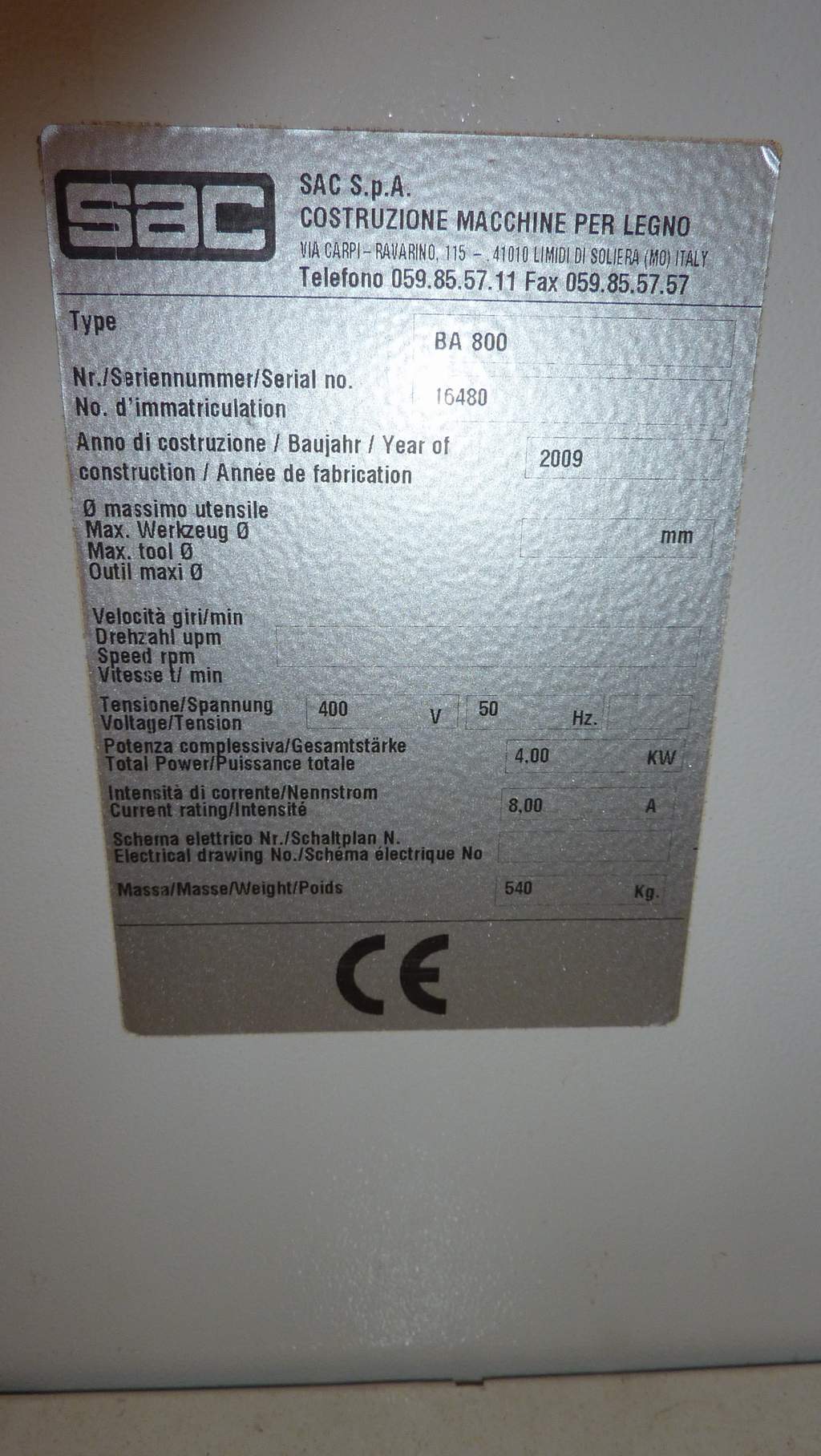 Machine's specifications - SAC BA 800 Used machines - Exapro