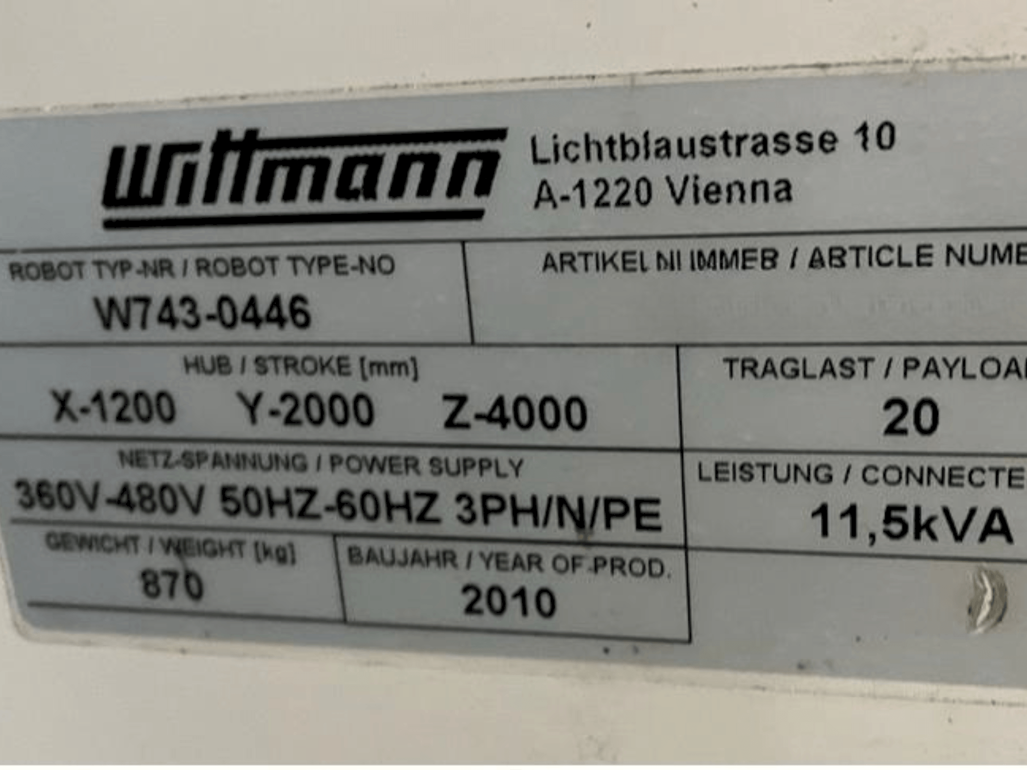Machine's specifications - Wittmann W743C Used machines - Exapro