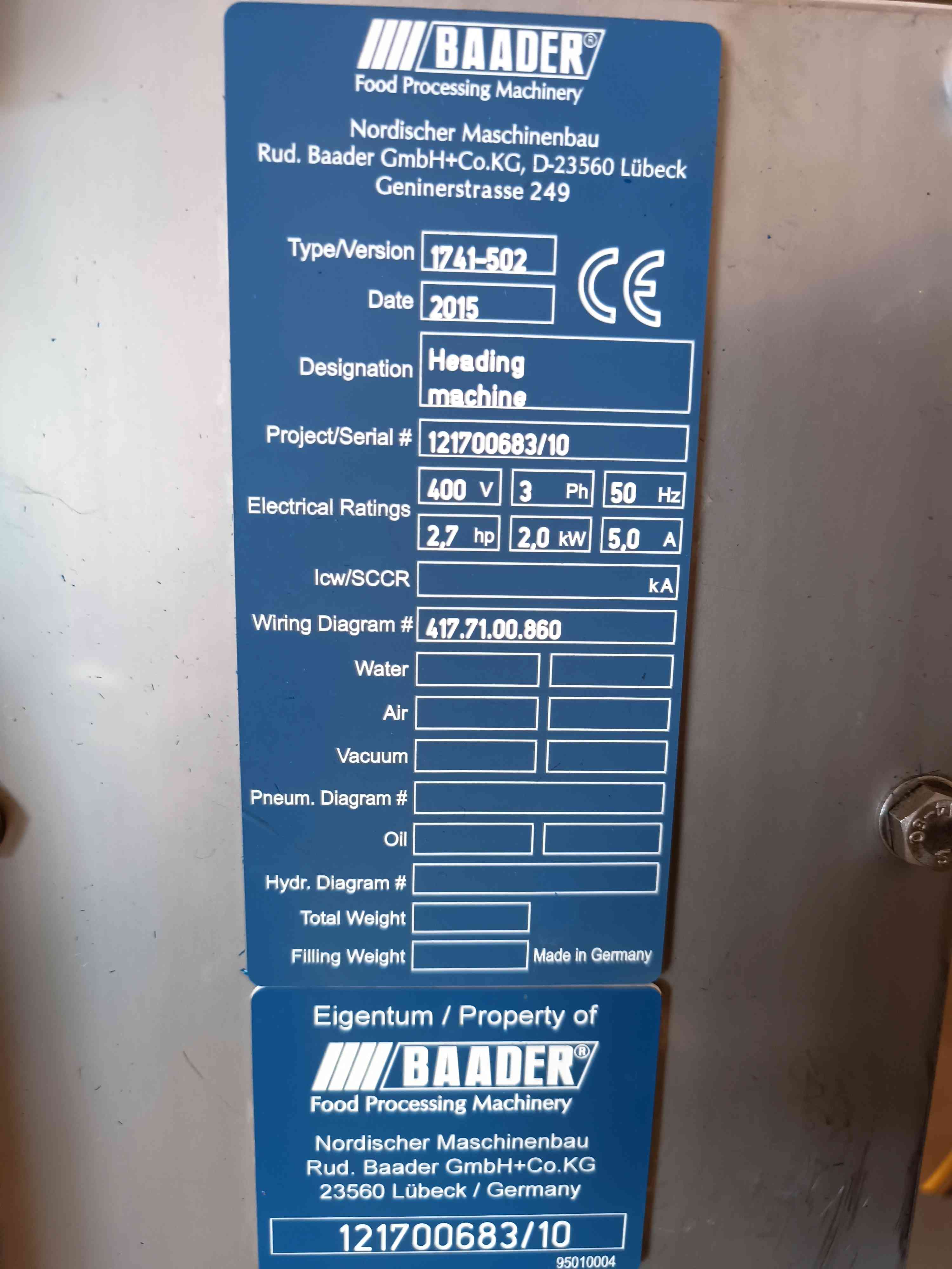 Machine's specifications - Baader 1741-5002 Used machines - Exapro